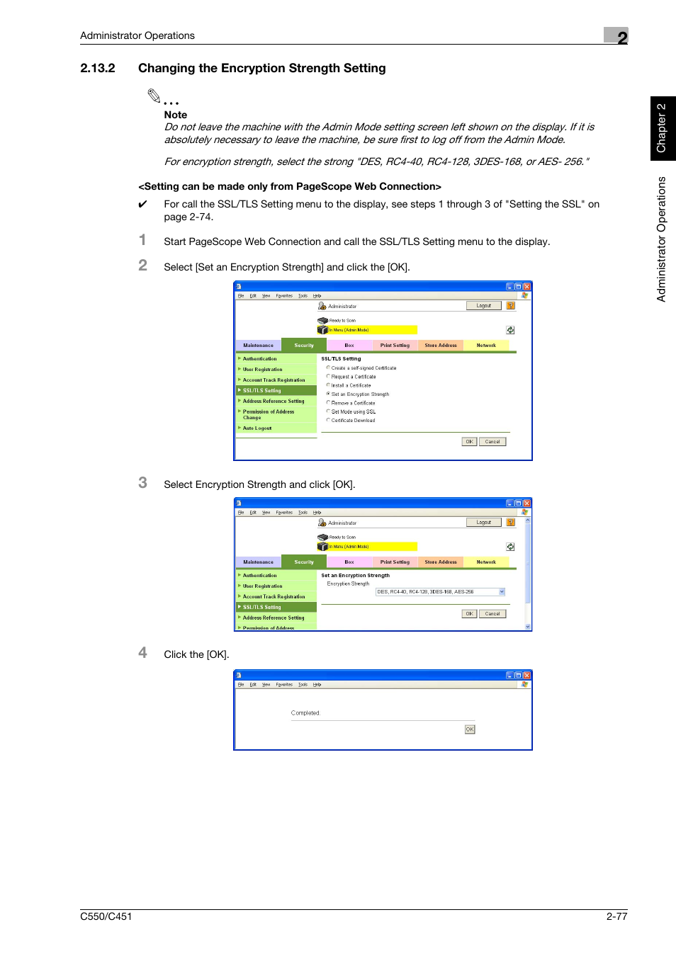 2 changing the encryption strength setting | Konica Minolta bizhub C451 User Manual | Page 92 / 192