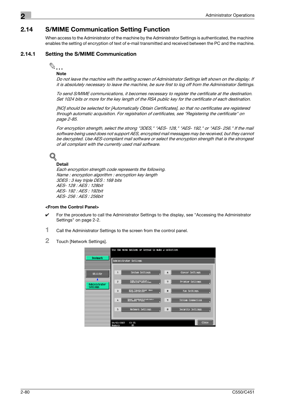 14 s/mime communication setting function, 1 setting the s/mime communication, From the control panel | S/mime communication setting function -80 | Konica Minolta bizhub C451 User Manual | Page 95 / 192