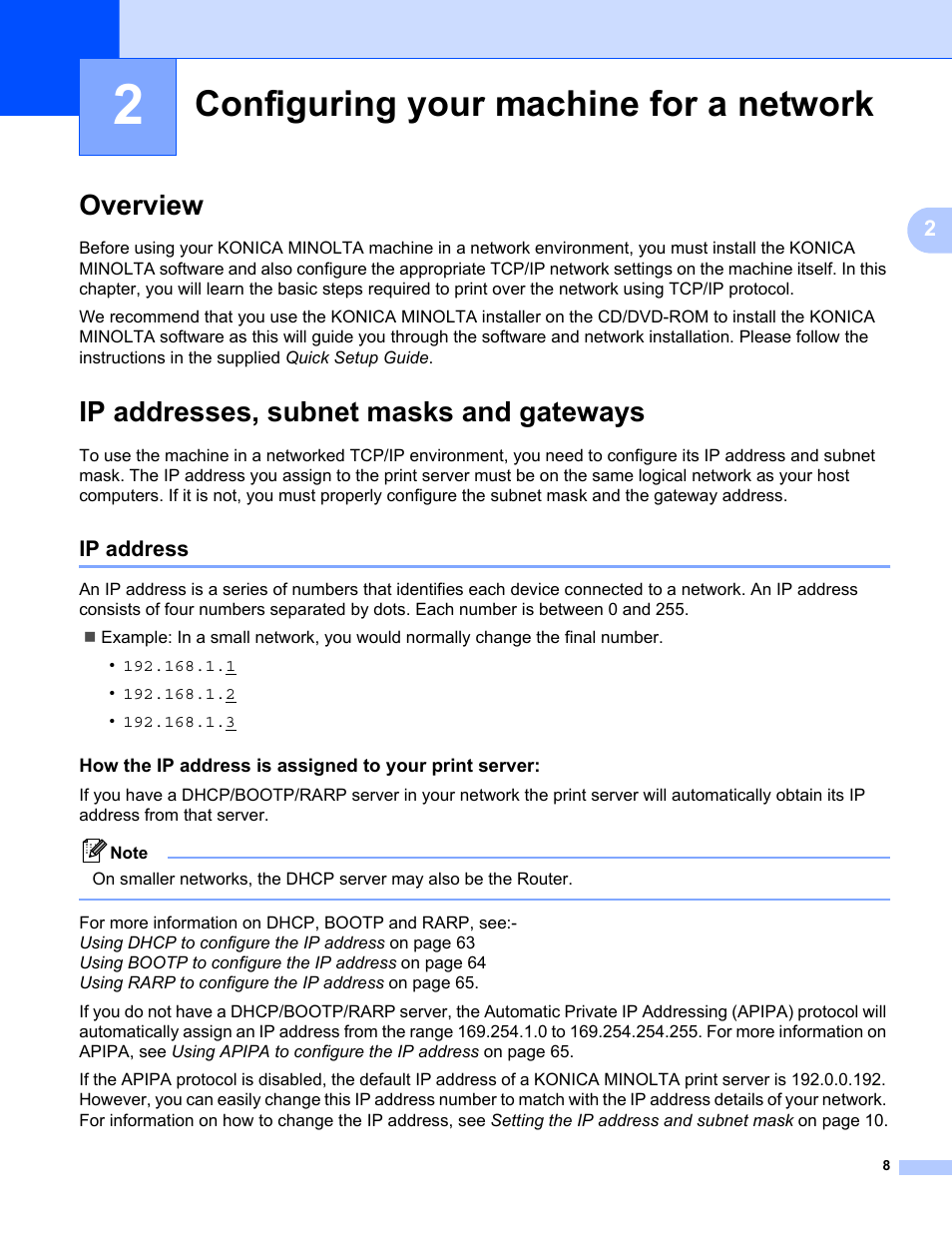 2 configuring your machine for a network, Overview, Ip addresses, subnet masks and gateways | Ip address, Configuring your machine for a network, Overview ip addresses, subnet masks and gateways | Konica Minolta bizhub 20P User Manual | Page 14 / 81