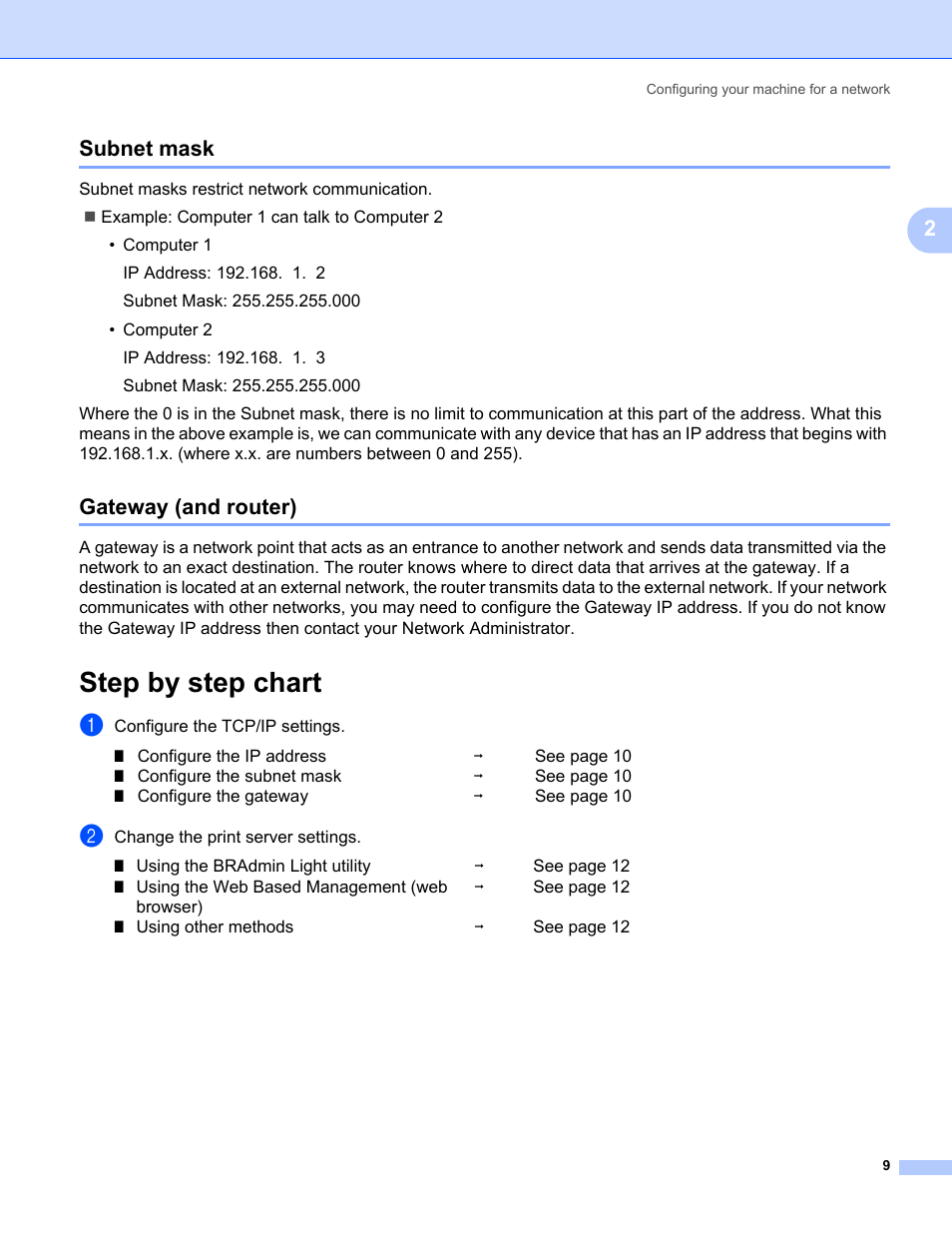 Subnet mask, Gateway (and router), Step by step chart | Subnet mask gateway (and router), 2subnet mask | Konica Minolta bizhub 20P User Manual | Page 15 / 81