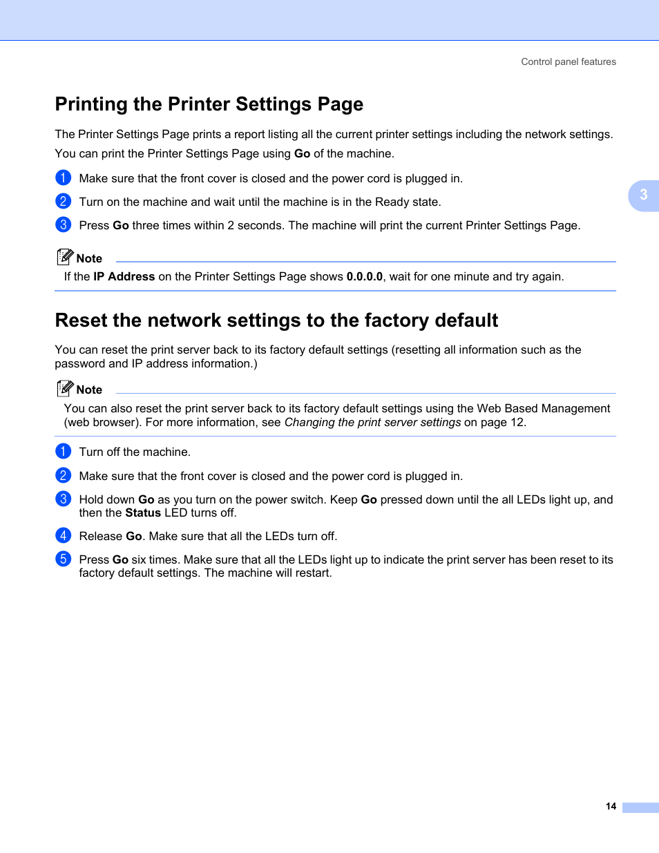 Reset the network settings to the factory default, Printing the printer settings page | Konica Minolta bizhub 20P User Manual | Page 20 / 81
