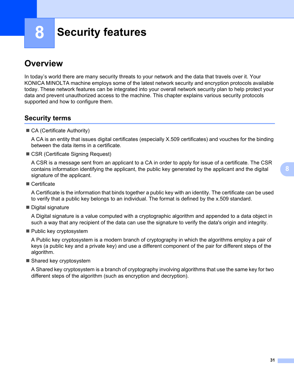 8 security features, Overview, Security terms | Security features | Konica Minolta bizhub 20P User Manual | Page 37 / 81