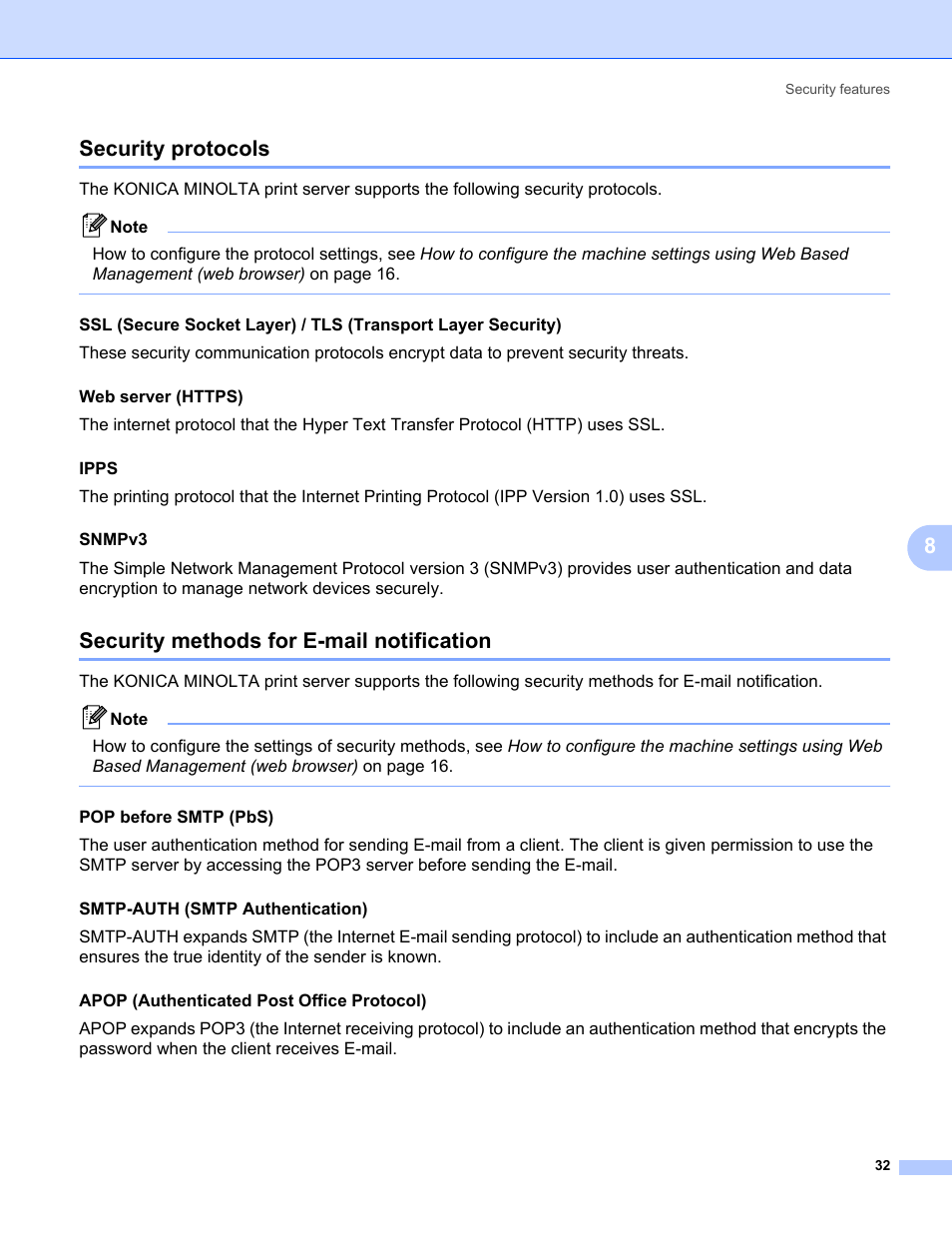 Security protocols, Security methods for e-mail notification, 8security protocols | Pop before smtp (pbs) | Konica Minolta bizhub 20P User Manual | Page 38 / 81