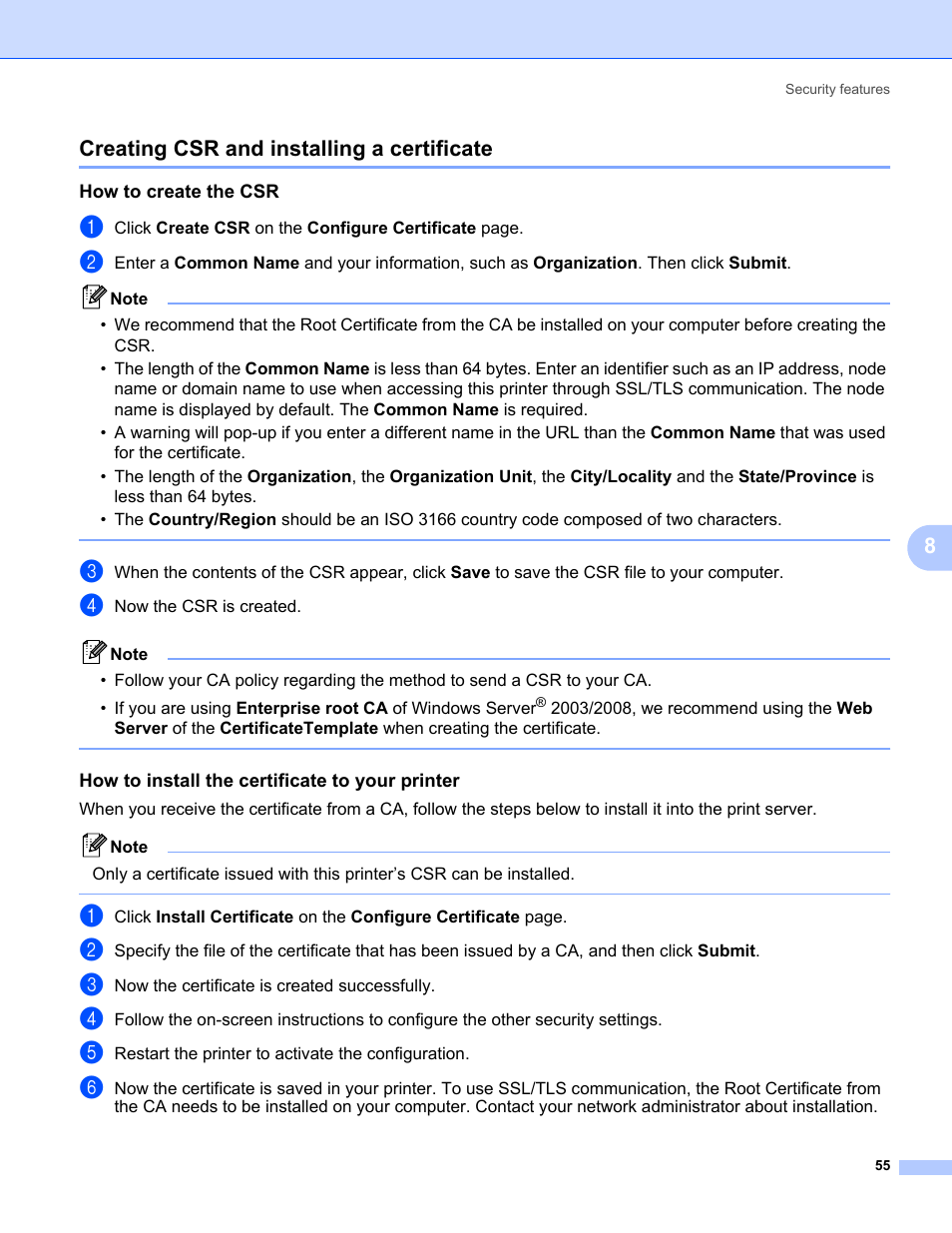 Creating csr and installing a certificate, Creating csr and installing, 8creating csr and installing a certificate | Konica Minolta bizhub 20P User Manual | Page 61 / 81