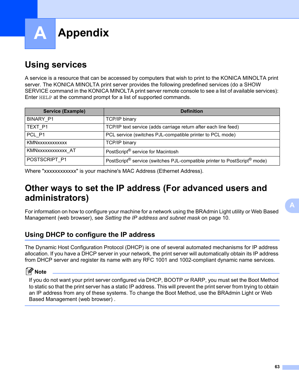 A appendix, Using services, Using dhcp to configure the ip address | Appendix | Konica Minolta bizhub 20P User Manual | Page 69 / 81