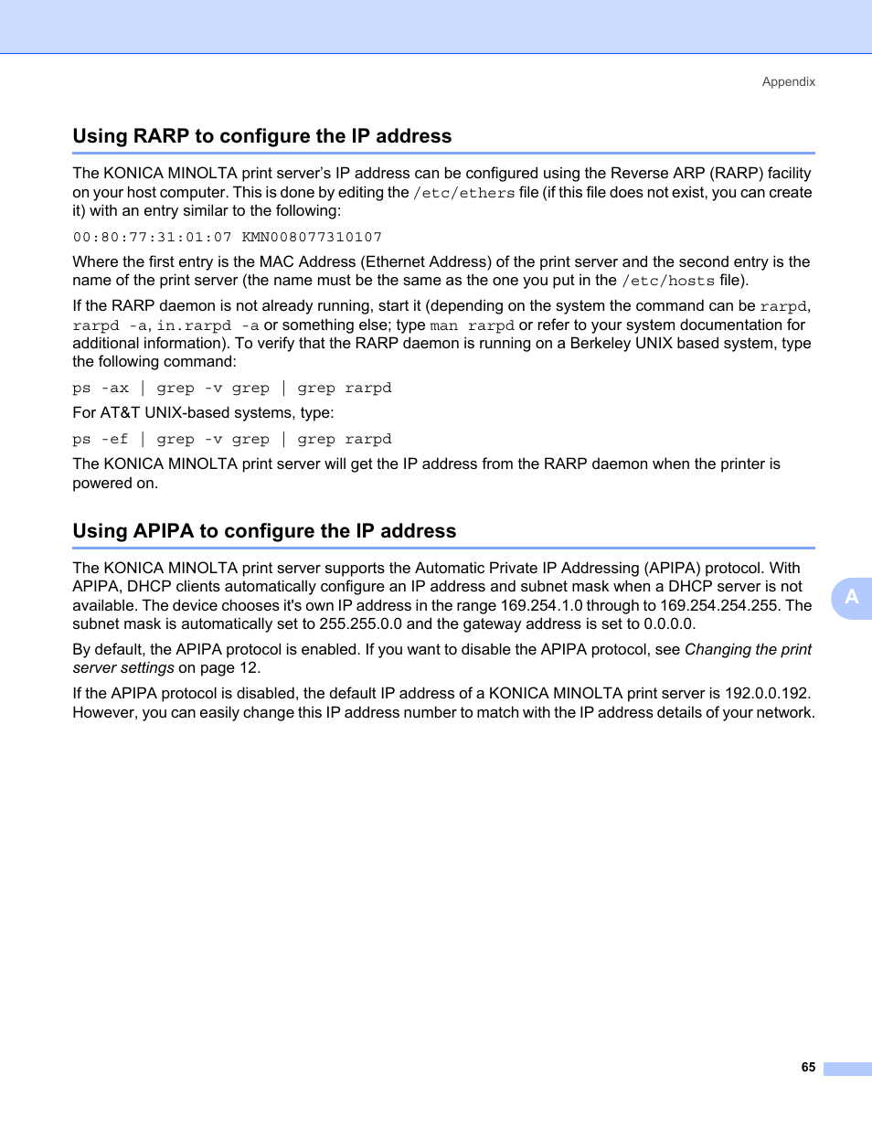 Using rarp to configure the ip address, Using apipa to configure the ip address, Ausing rarp to configure the ip address | Konica Minolta bizhub 20P User Manual | Page 71 / 81