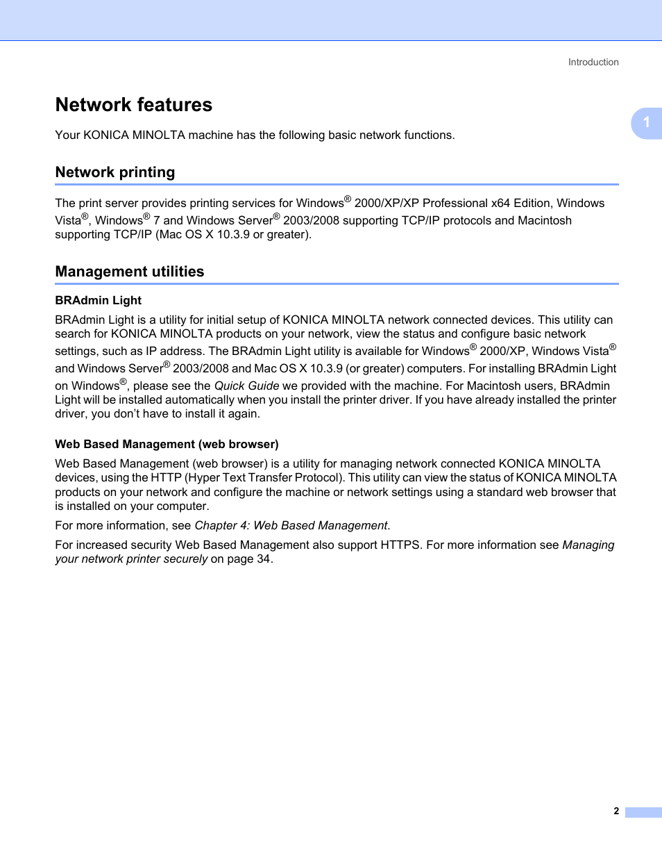 Network features, Network printing, Management utilities | Network printing management utilities | Konica Minolta bizhub 20P User Manual | Page 8 / 81