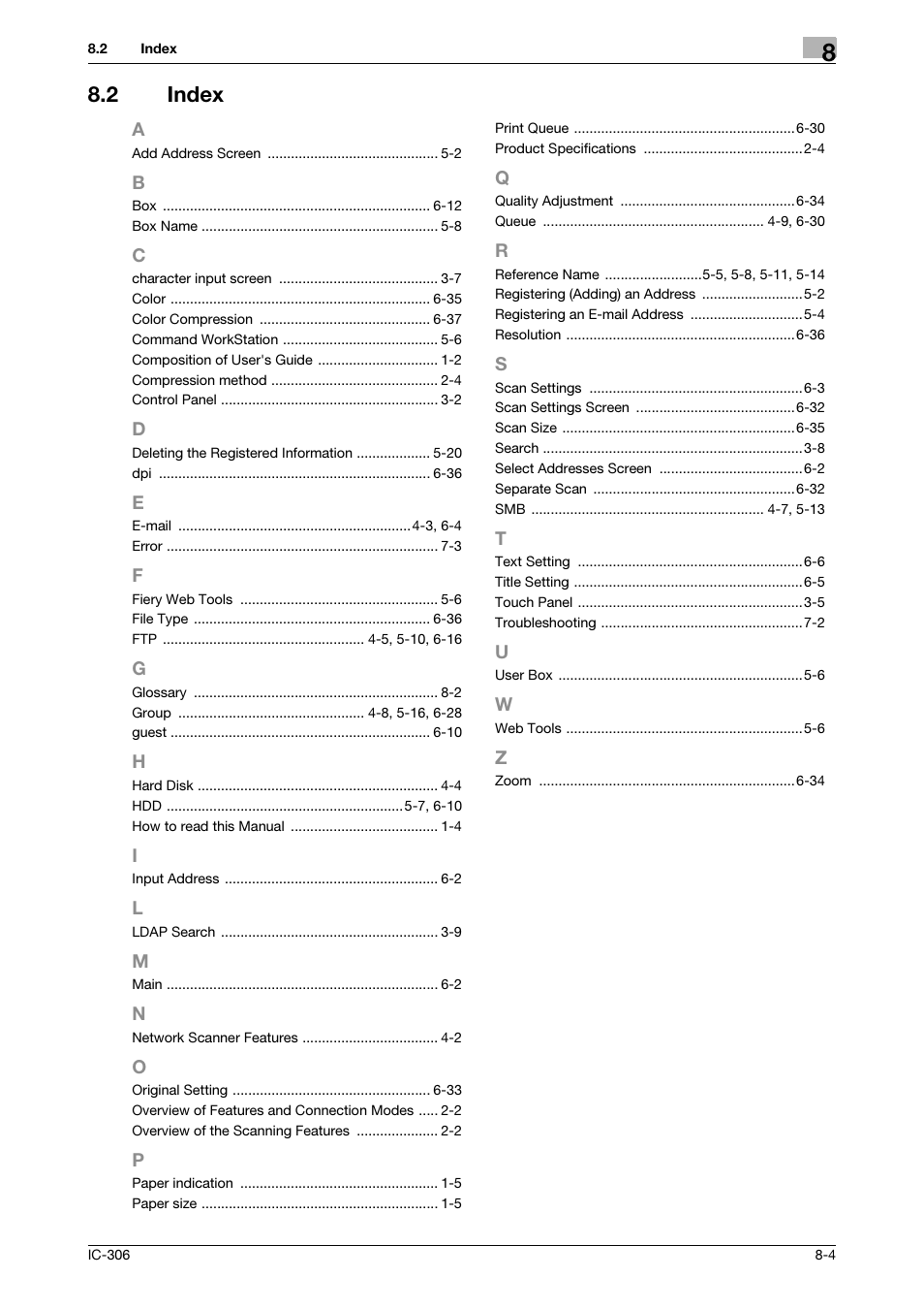 2 index, Index -4 | Konica Minolta bizhub PRESS C8000 User Manual | Page 100 / 101