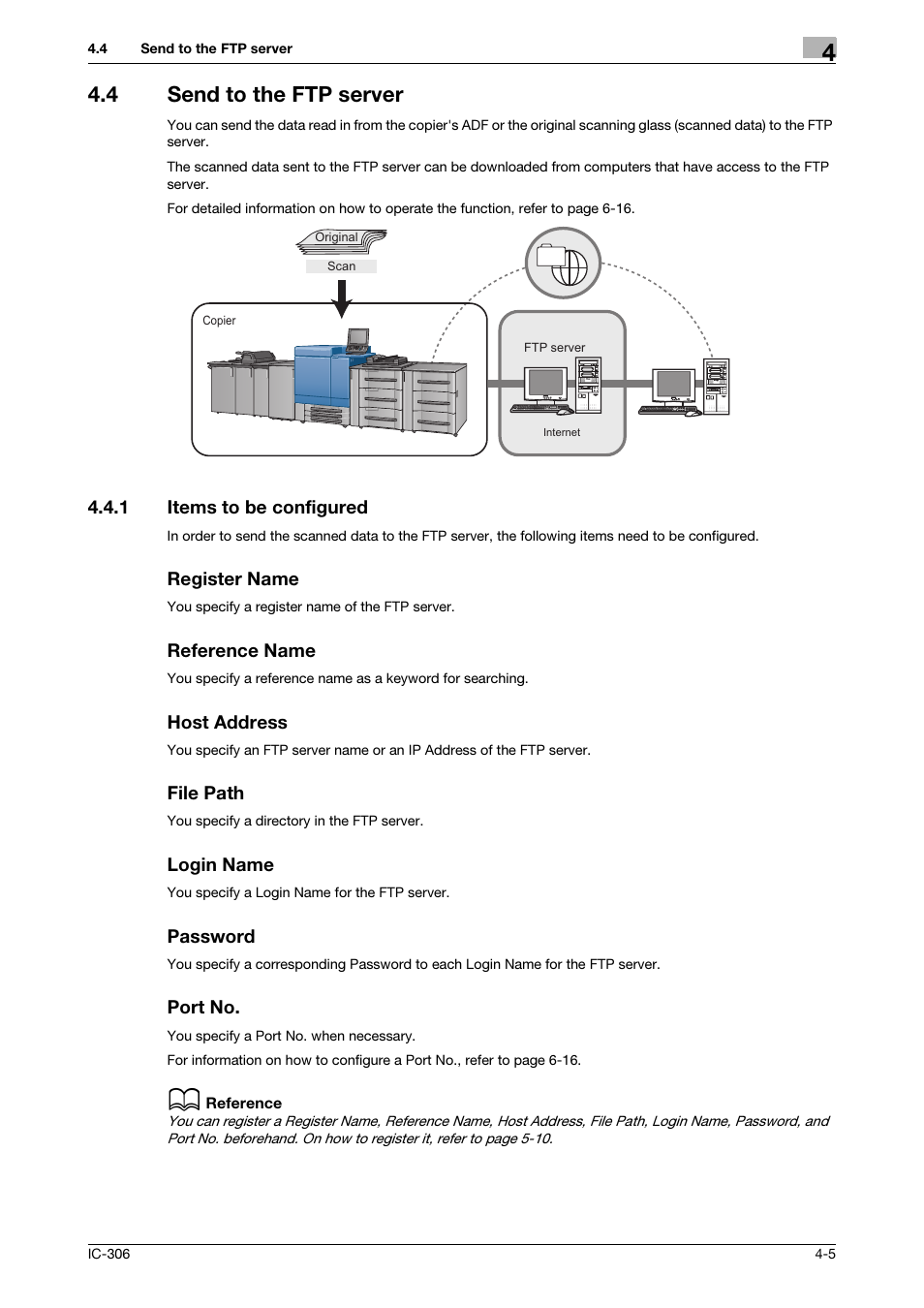 4 send to the ftp server, 1 items to be configured, Register name | Reference name, Host address, File path, Login name, Password, Port no, Send to the ftp server -5 | Konica Minolta bizhub PRESS C8000 User Manual | Page 30 / 101