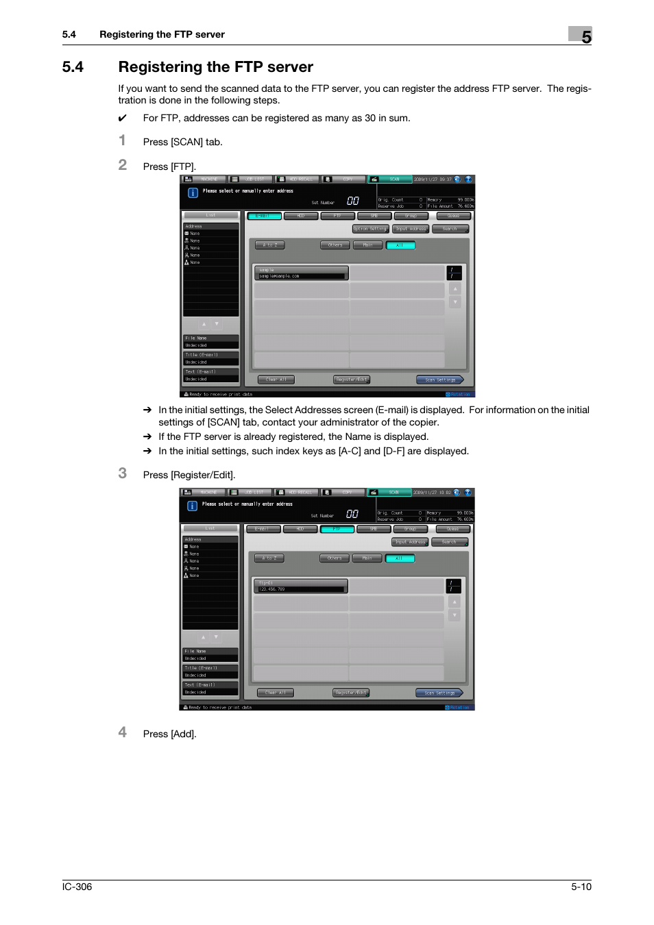 4 registering the ftp server, Registering the ftp server -10, Registering the ftp server (p. 5-10 | Konica Minolta bizhub PRESS C8000 User Manual | Page 45 / 101