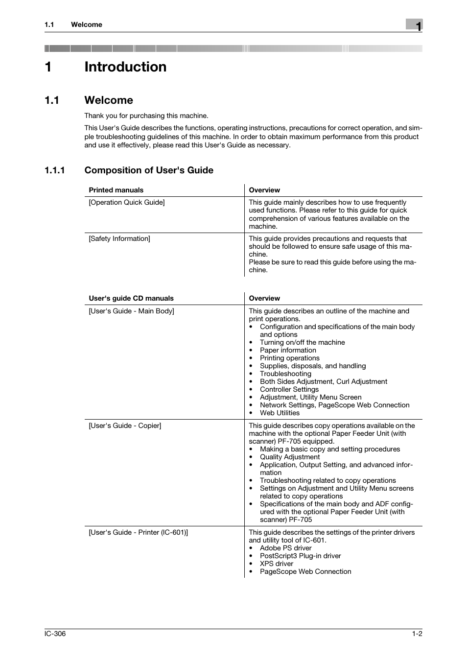 1 introduction, 1 welcome, 1 composition of user's guide | Introduction, Welcome -2, Composition of user's guide -2, 1introduction | Konica Minolta bizhub PRESS C8000 User Manual | Page 5 / 101