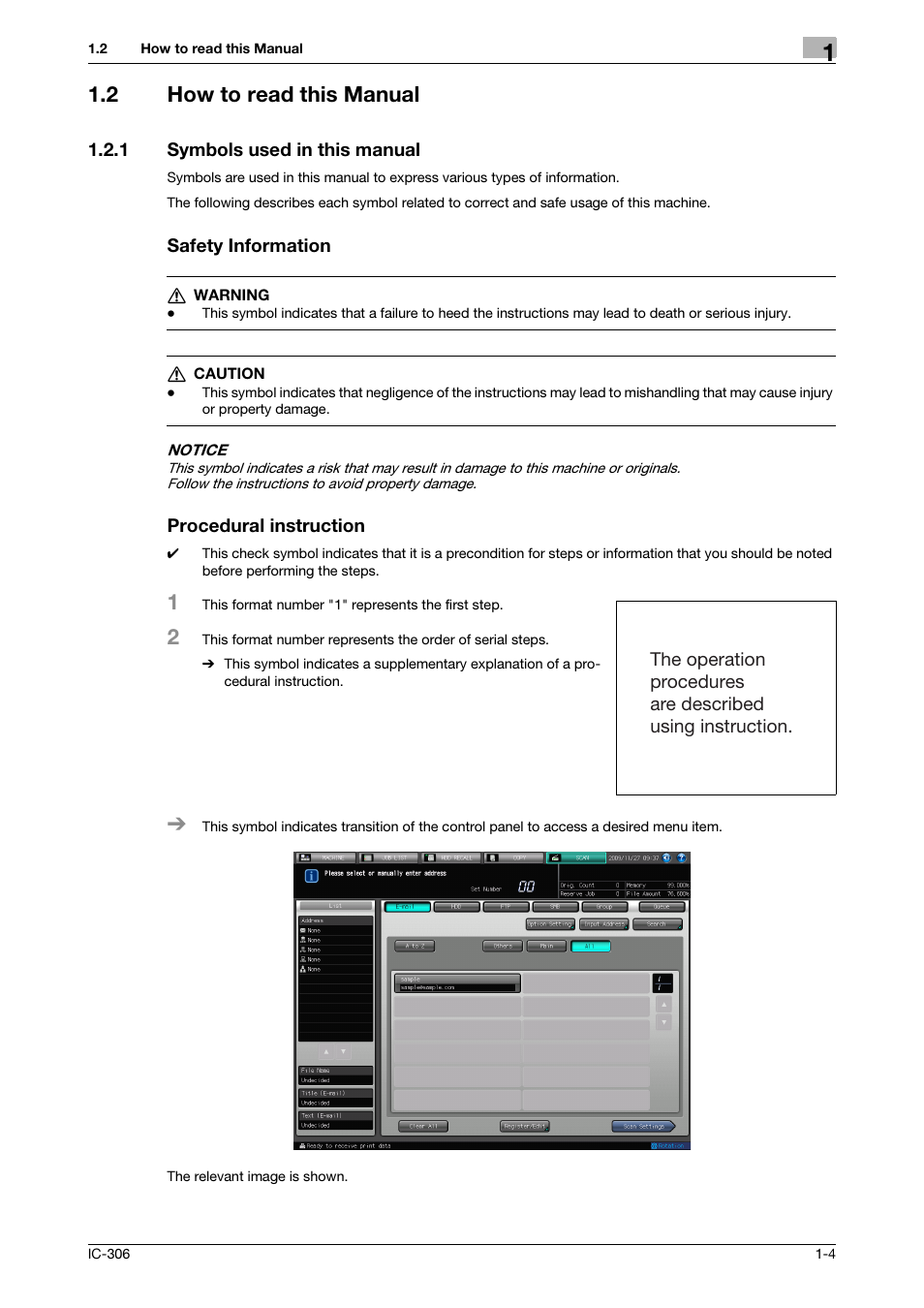 2 how to read this manual, 1 symbols used in this manual, Safety information | Procedural instruction, How to read this manual -4, Symbols used in this manual -4 | Konica Minolta bizhub PRESS C8000 User Manual | Page 7 / 101
