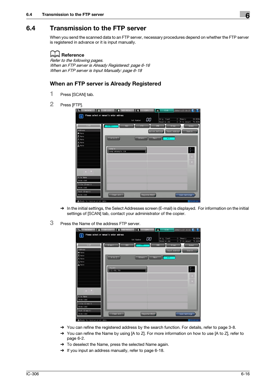 4 transmission to the ftp server, When an ftp server is already registered, Transmission to the ftp server -16 | Transmission to the ftp server (p. 6-16) | Konica Minolta bizhub PRESS C8000 User Manual | Page 72 / 101