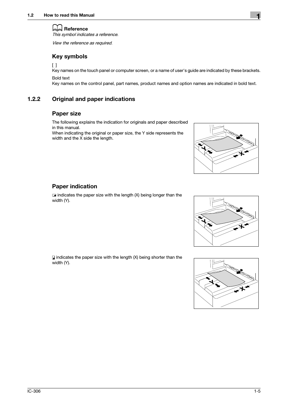 Key symbols, 2 original and paper indications, Paper size | Paper indication, Original and paper indications -5 | Konica Minolta bizhub PRESS C8000 User Manual | Page 8 / 101