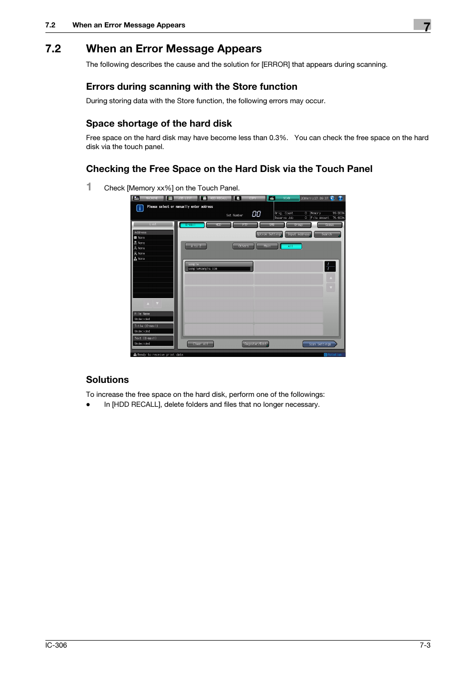2 when an error message appears, Errors during scanning with the store function, Space shortage of the hard disk | Solutions, When an error message appears -3 | Konica Minolta bizhub PRESS C8000 User Manual | Page 96 / 101