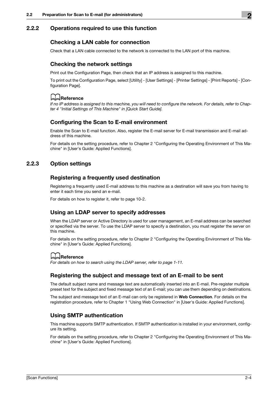 2 operations required to use this function, Checking a lan cable for connection, Checking the network settings | Configuring the scan to e-mail environment, 3 option settings, Registering a frequently used destination, Using an ldap server to specify addresses, Using smtp authentication | Konica Minolta bizhub C3850 User Manual | Page 26 / 105