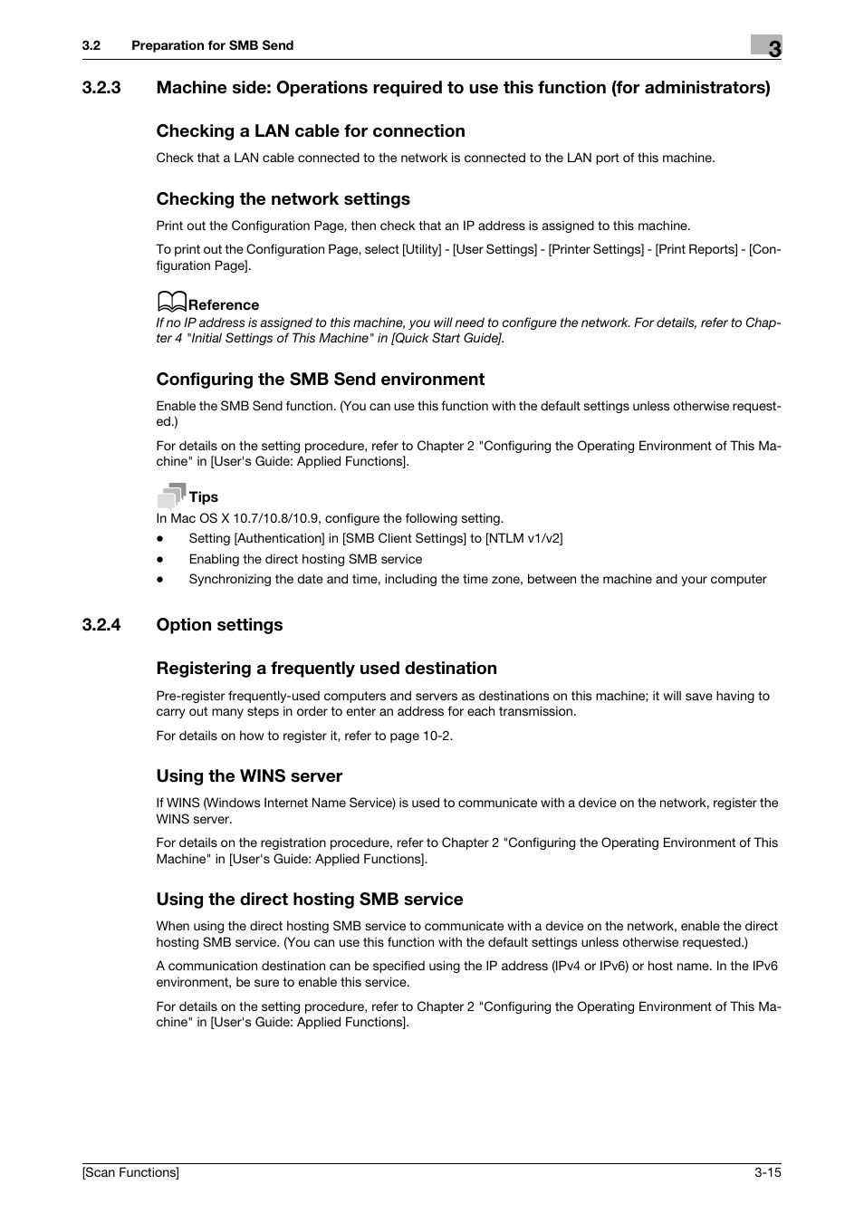 Checking a lan cable for connection, Checking the network settings, Configuring the smb send environment | 4 option settings, Registering a frequently used destination, Using the wins server, Using the direct hosting smb service | Konica Minolta bizhub C3850 User Manual | Page 46 / 105