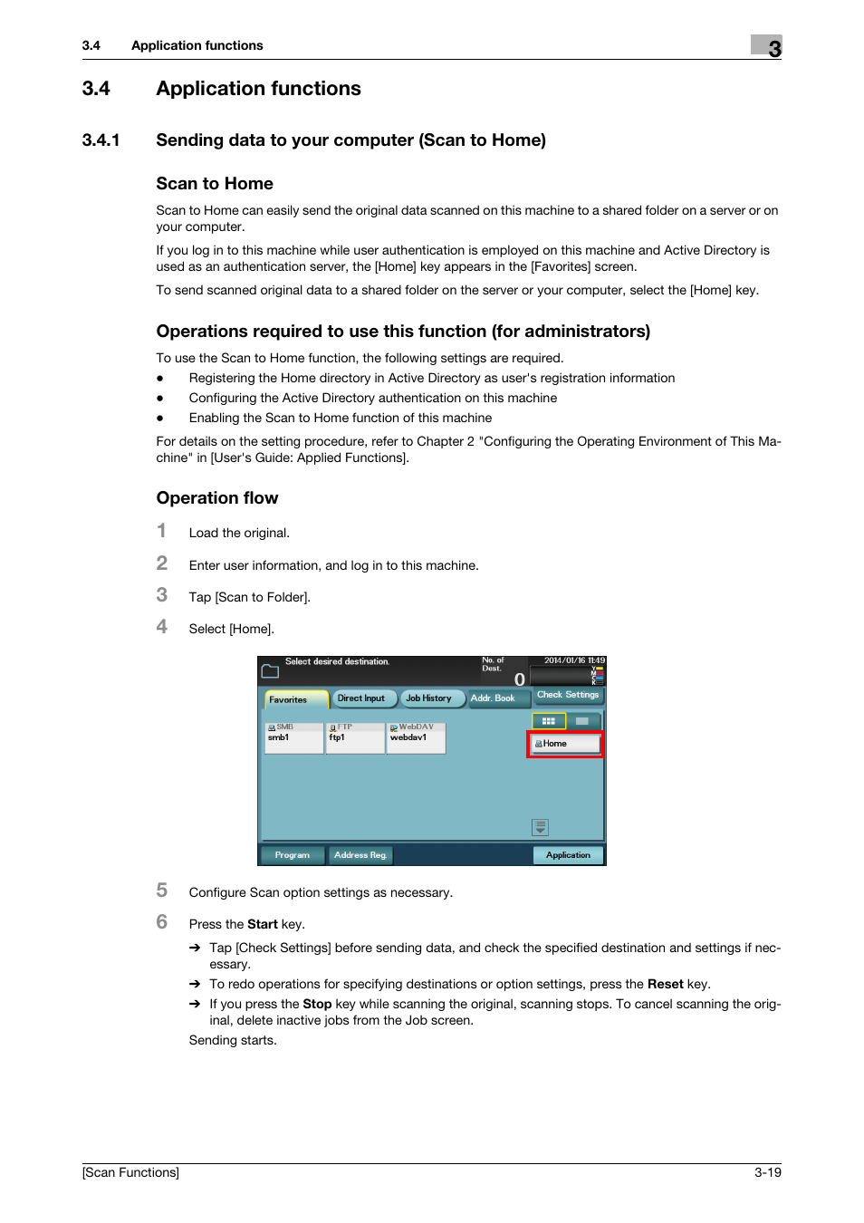 4 application functions, 1 sending data to your computer (scan to home), Scan to home | Operation flow, Application functions -19 | Konica Minolta bizhub C3850 User Manual | Page 50 / 105