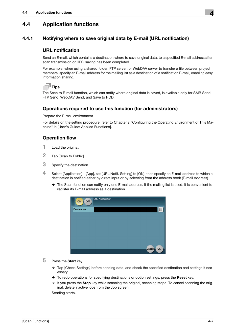 4 application functions, Url notification, Operation flow | Application functions -7 | Konica Minolta bizhub C3850 User Manual | Page 58 / 105