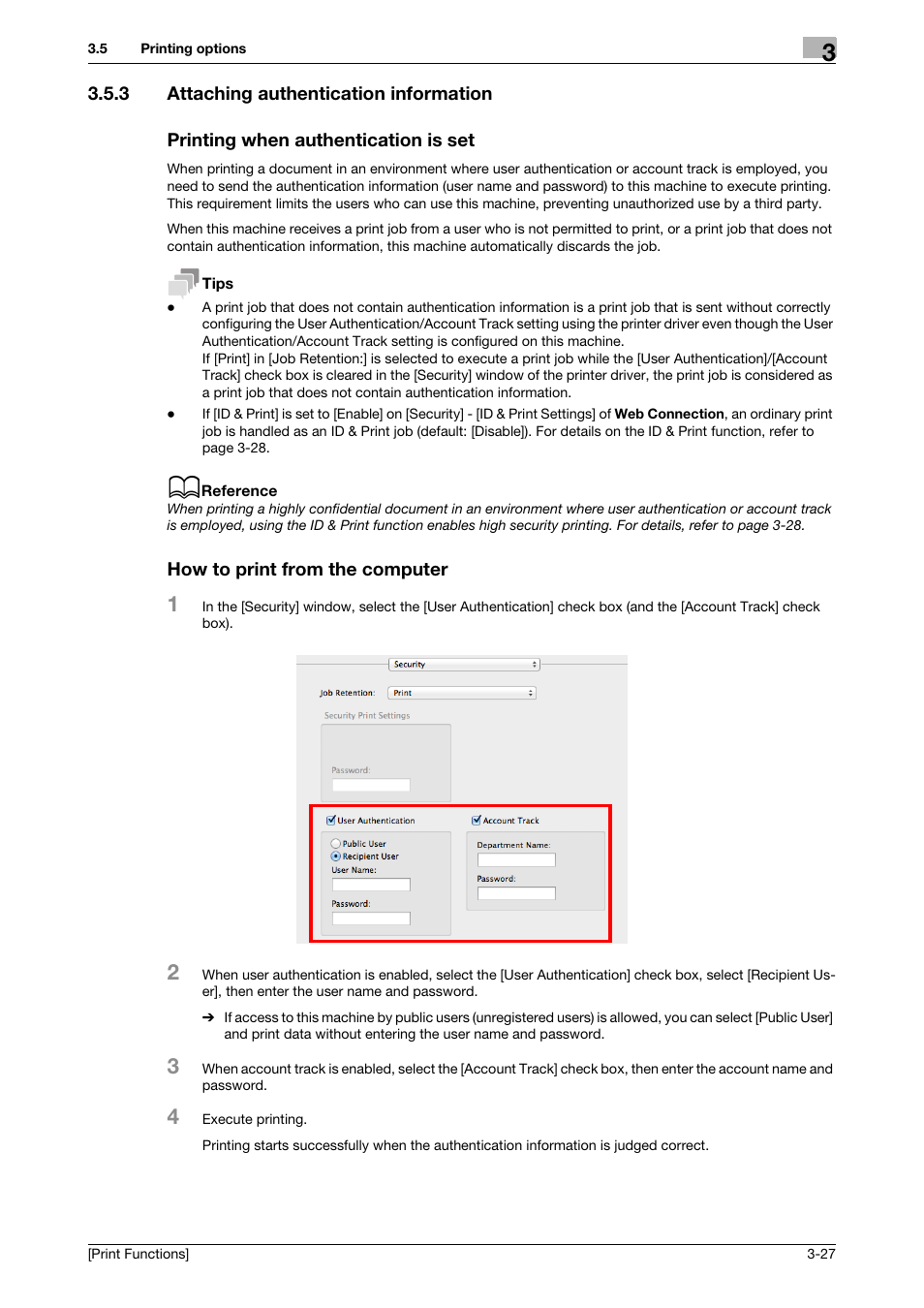 3 attaching authentication information, Printing when authentication is set, How to print from the computer | Konica Minolta bizhub C3350 User Manual | Page 101 / 119