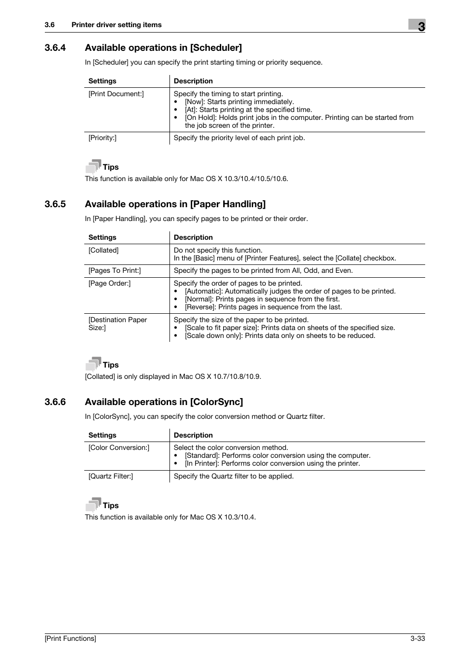 4 available operations in [scheduler, 5 available operations in [paper handling, 6 available operations in [colorsync | Available operations in [scheduler] -33, Available operations in [paper handling] -33, Available operations in [colorsync] -33 | Konica Minolta bizhub C3350 User Manual | Page 107 / 119