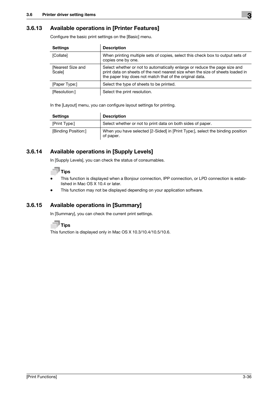 13 available operations in [printer features, 14 available operations in [supply levels, 15 available operations in [summary | Available operations in [printer features] -36, Available operations in [supply levels] -36, Available operations in [summary] -36 | Konica Minolta bizhub C3350 User Manual | Page 110 / 119