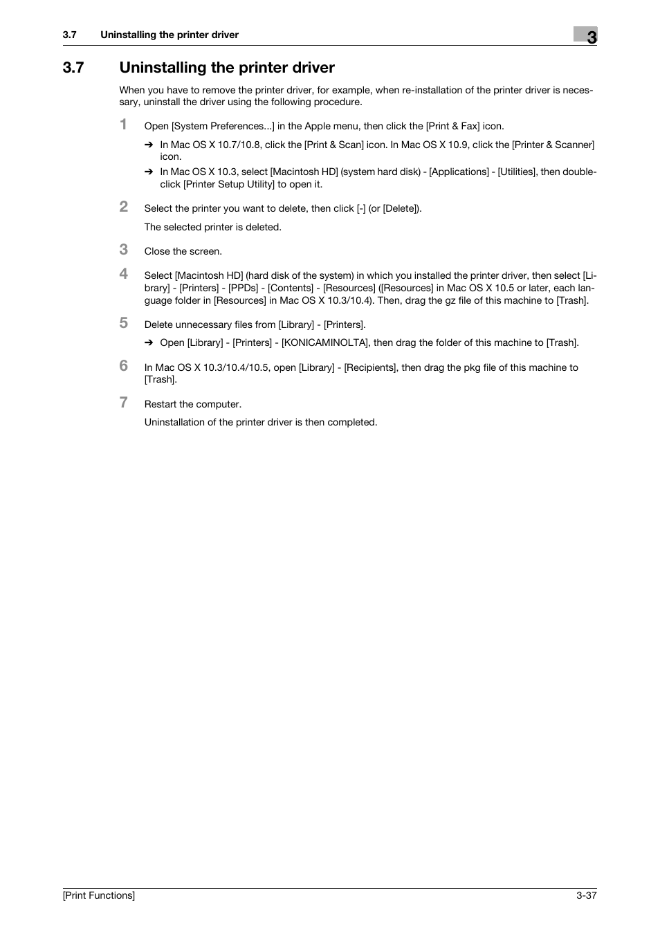7 uninstalling the printer driver, Uninstalling the printer driver -37 | Konica Minolta bizhub C3350 User Manual | Page 111 / 119