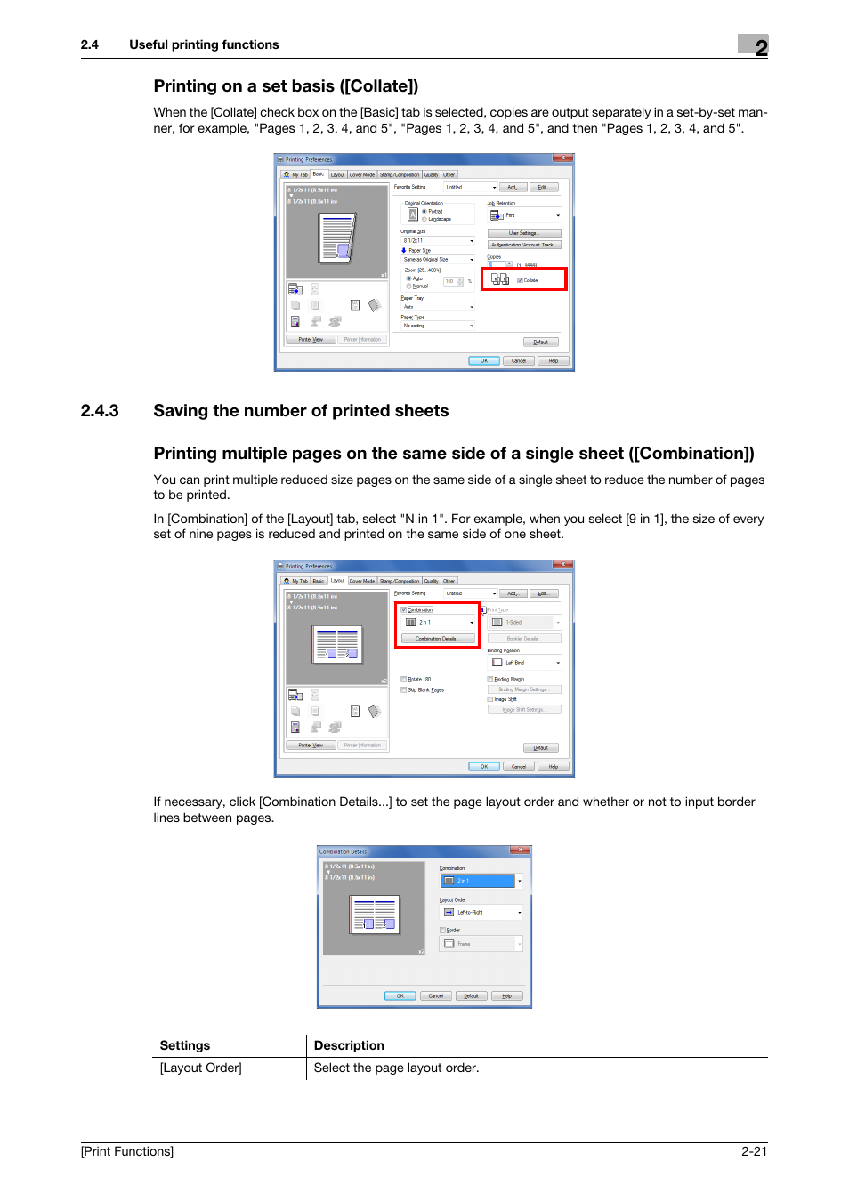 Printing on a set basis ([collate]), 3 saving the number of printed sheets, Printing on a set basis ([collate]) -21 | Konica Minolta bizhub C3350 User Manual | Page 31 / 119