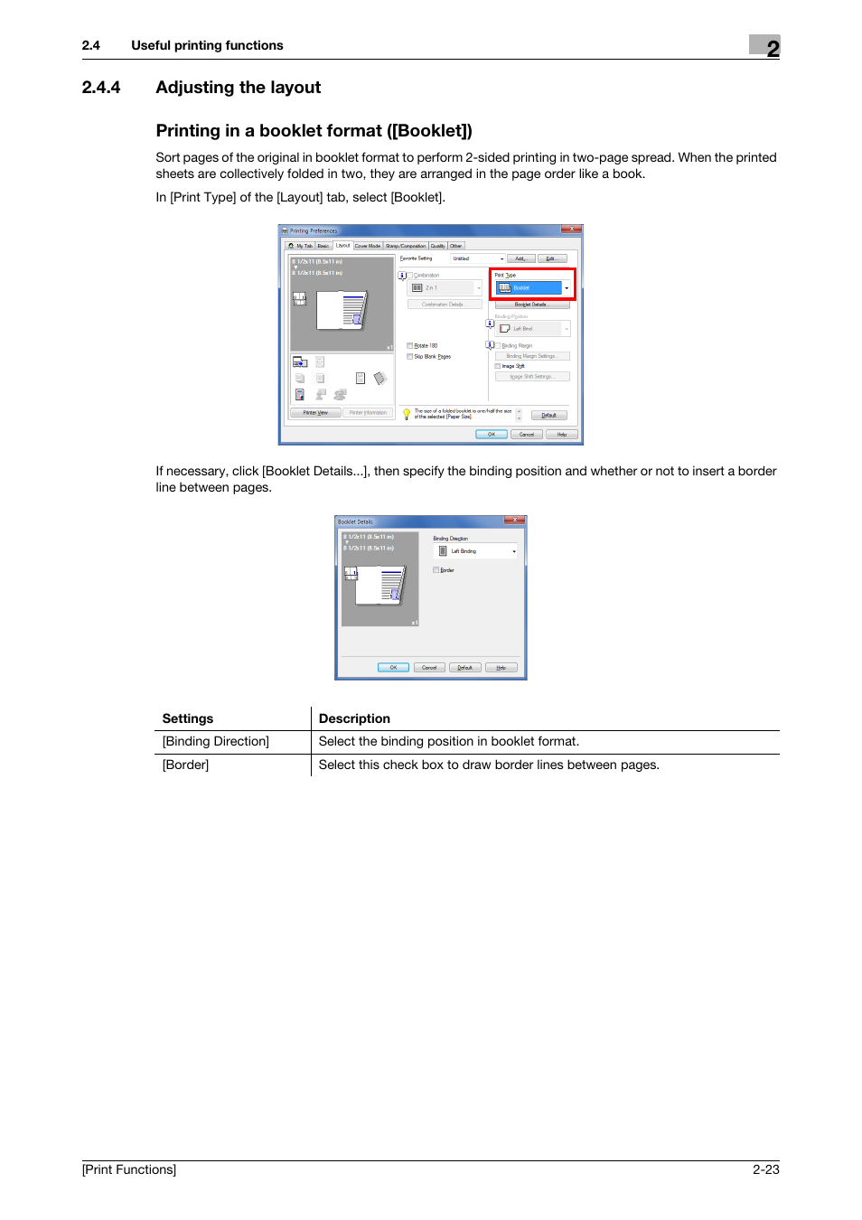 4 adjusting the layout, Printing in a booklet format ([booklet]) | Konica Minolta bizhub C3350 User Manual | Page 33 / 119
