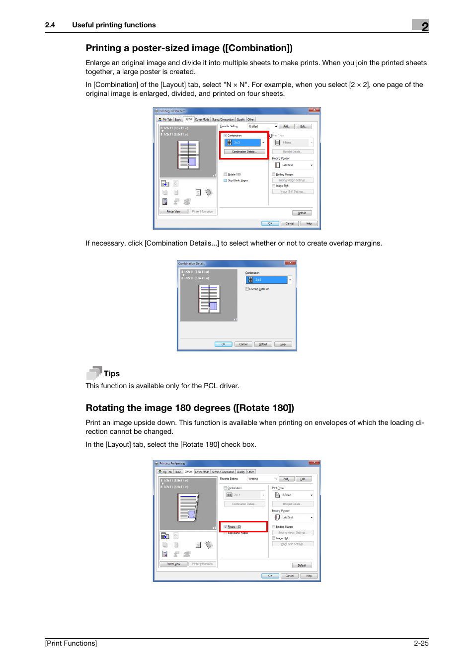 Printing a poster-sized image ([combination]), Rotating the image 180 degrees ([rotate 180]) | Konica Minolta bizhub C3350 User Manual | Page 35 / 119