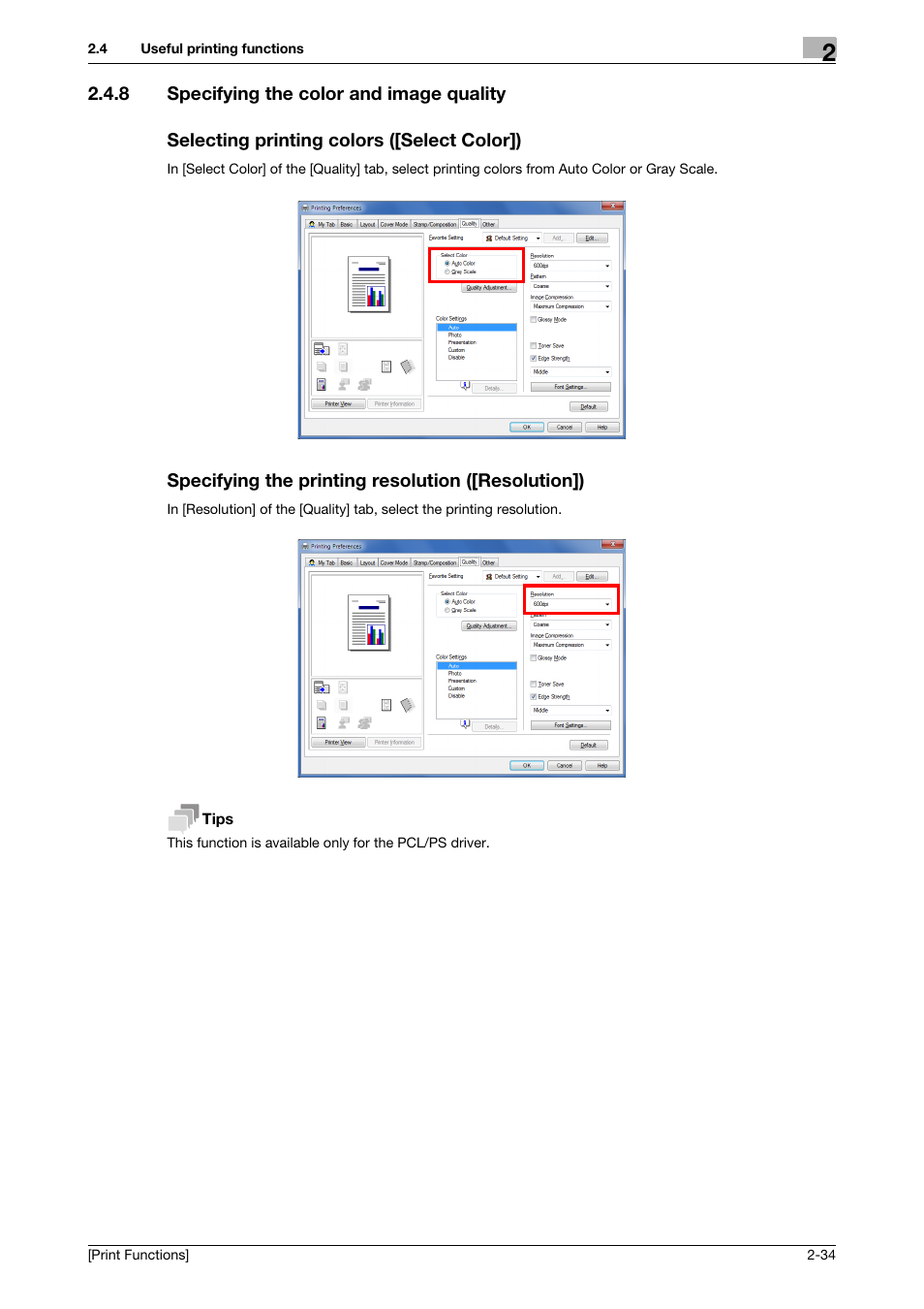 8 specifying the color and image quality, Selecting printing colors ([select color]), Specifying the printing resolution ([resolution]) | Konica Minolta bizhub C3350 User Manual | Page 44 / 119