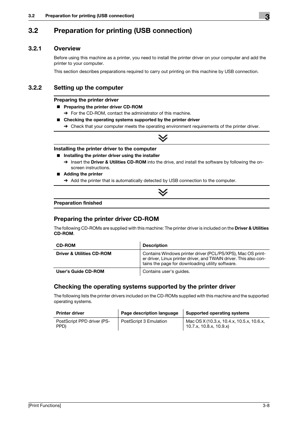2 preparation for printing (usb connection), 1 overview, 2 setting up the computer | Preparing the printer driver cd-rom, Preparation for printing (usb connection) -8, Overview -8 | Konica Minolta bizhub C3350 User Manual | Page 82 / 119