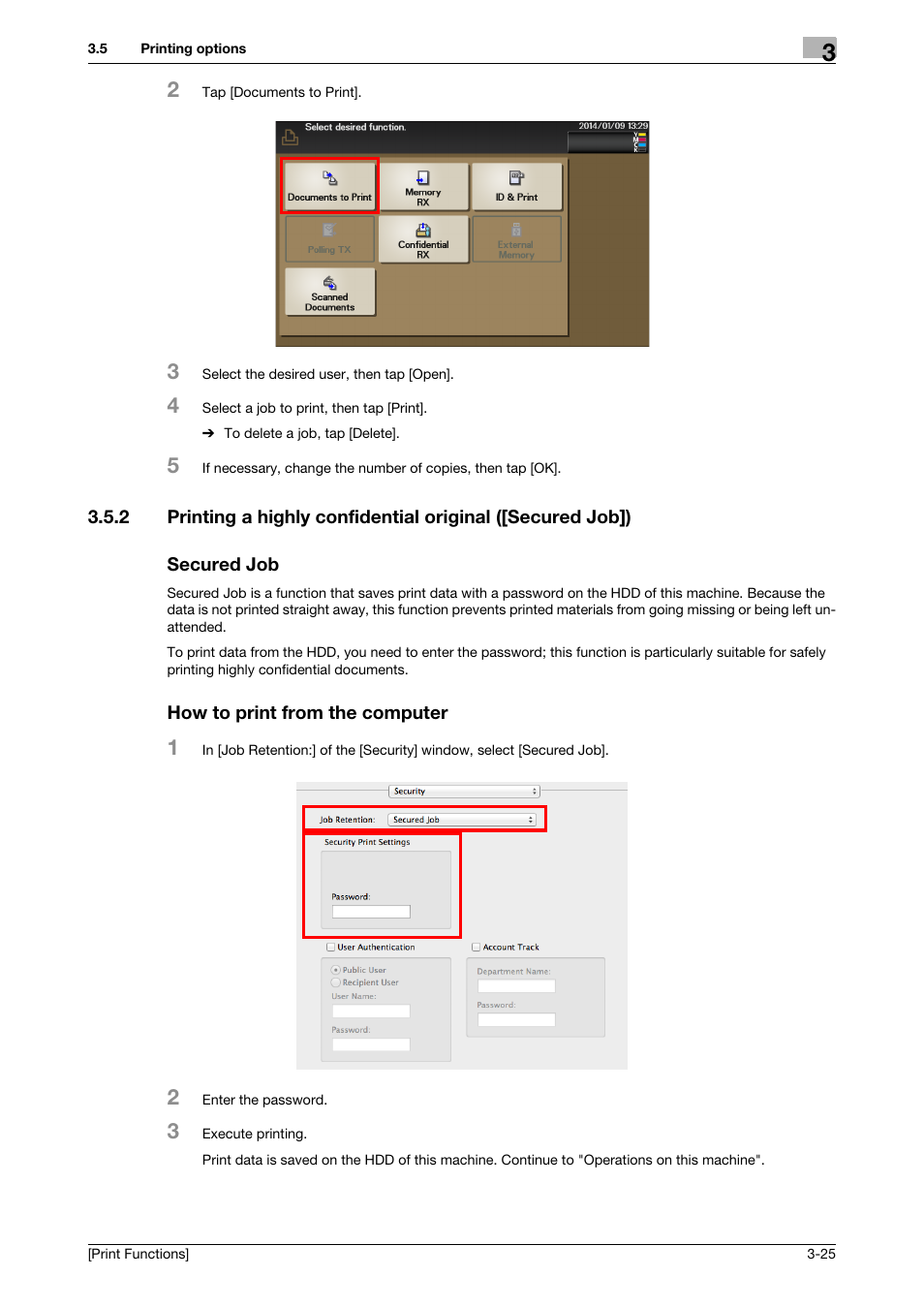 Secured job, How to print from the computer | Konica Minolta bizhub C3350 User Manual | Page 99 / 119