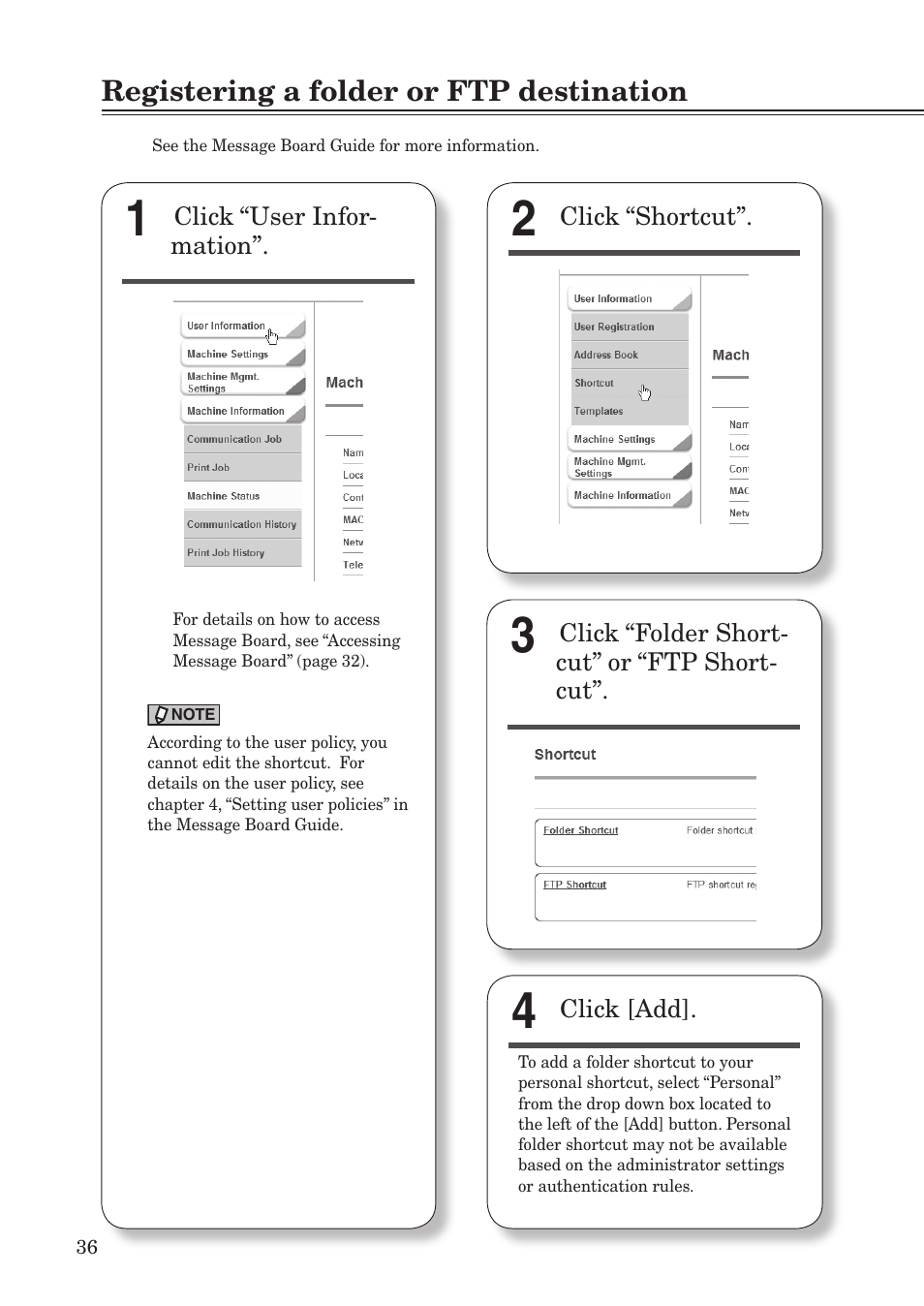 Registering a folder or ftp destination | Konica Minolta bizhub 25e User Manual | Page 38 / 55