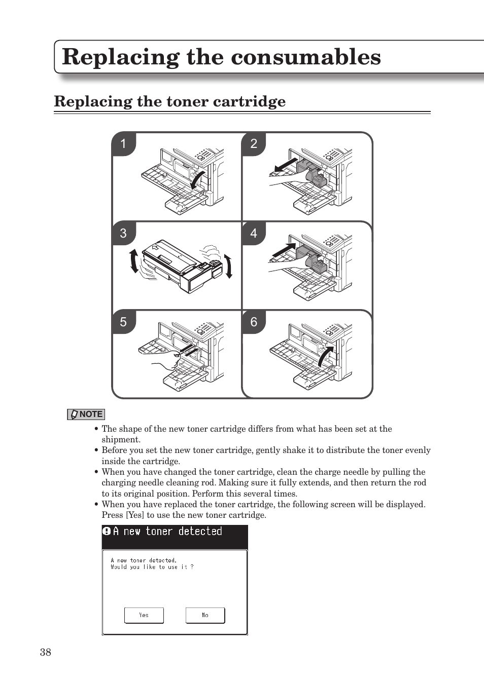Replacing the consumables, Replacing the toner cartridge | Konica Minolta bizhub 25e User Manual | Page 40 / 55