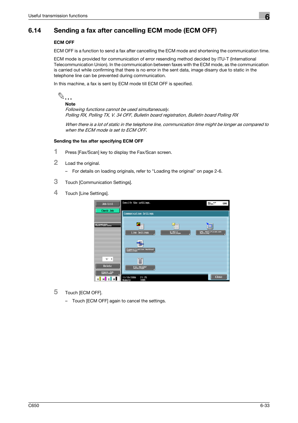 Ecm off, Sending the fax after specifying ecm off | Konica Minolta FK-502 User Manual | Page 151 / 361
