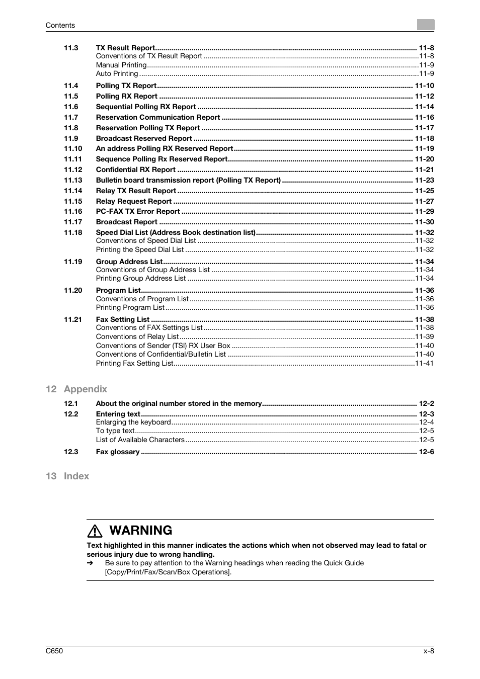 7 warning, 12 appendix, 13 index | Konica Minolta FK-502 User Manual | Page 9 / 361