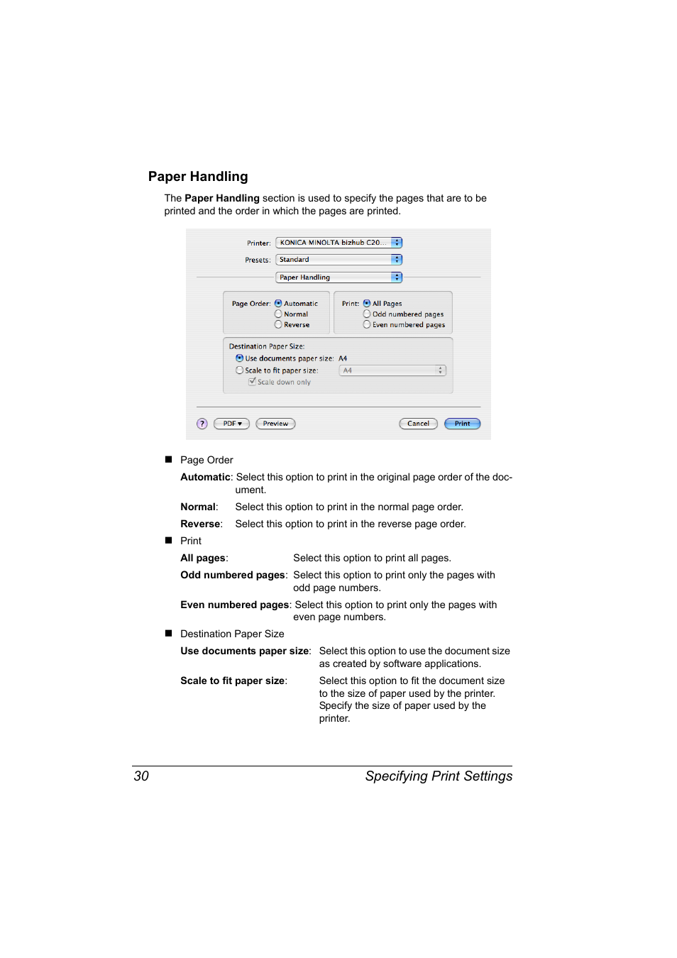 Paper handling, Paper handling 30, Specifying print settings 30 paper handling | Konica Minolta bizhub C20PX User Manual | Page 48 / 342