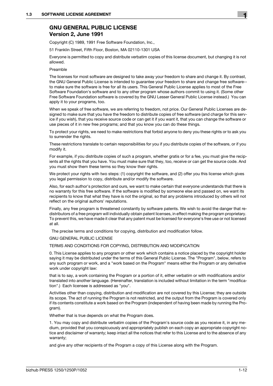 Gnu general public license version 2, june 1991 | Konica Minolta bizhub PRESS 1250P User Manual | Page 13 / 90