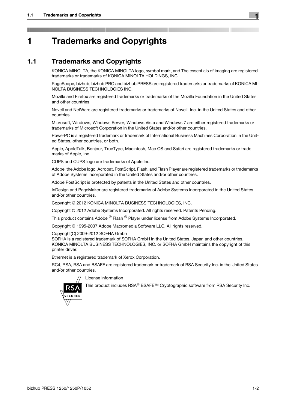 1 trademarks and copyrights, 1trademarks and copyrights | Konica Minolta bizhub PRESS 1250P User Manual | Page 3 / 90