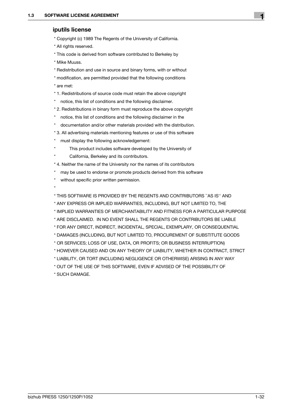 Iputils license | Konica Minolta bizhub PRESS 1250P User Manual | Page 33 / 90