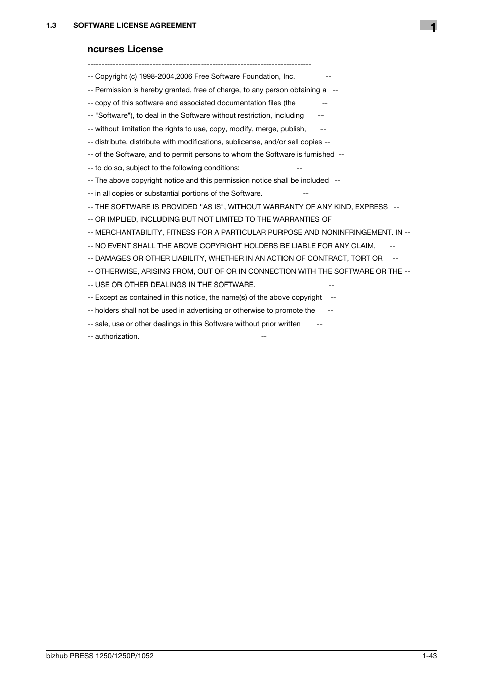 Ncurses license | Konica Minolta bizhub PRESS 1250P User Manual | Page 44 / 90