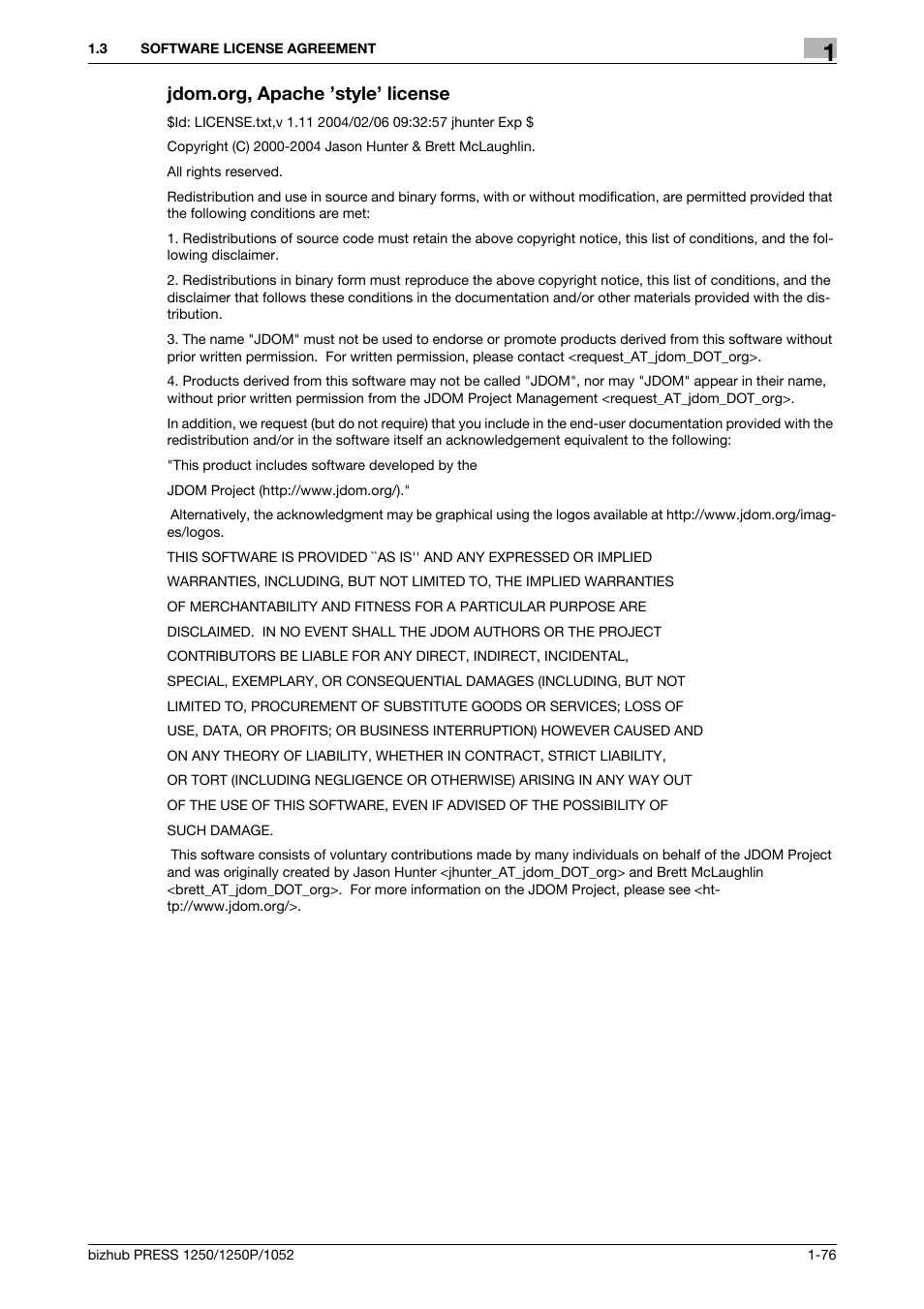 Jdom.org, apache ’style’ license | Konica Minolta bizhub PRESS 1250P User Manual | Page 77 / 90