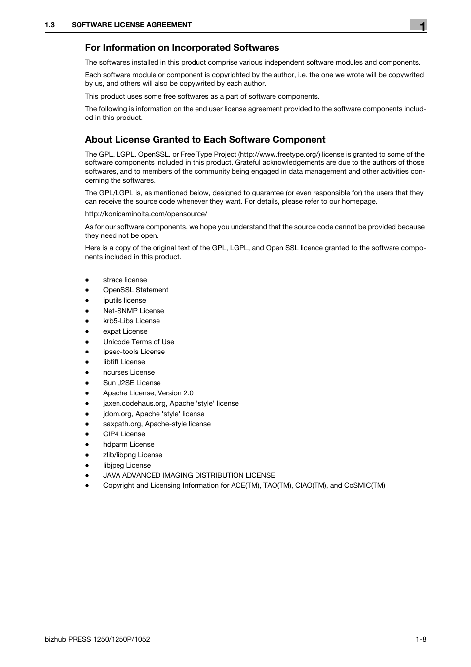 For information on incorporated softwares, About license granted to each software component | Konica Minolta bizhub PRESS 1250P User Manual | Page 9 / 90