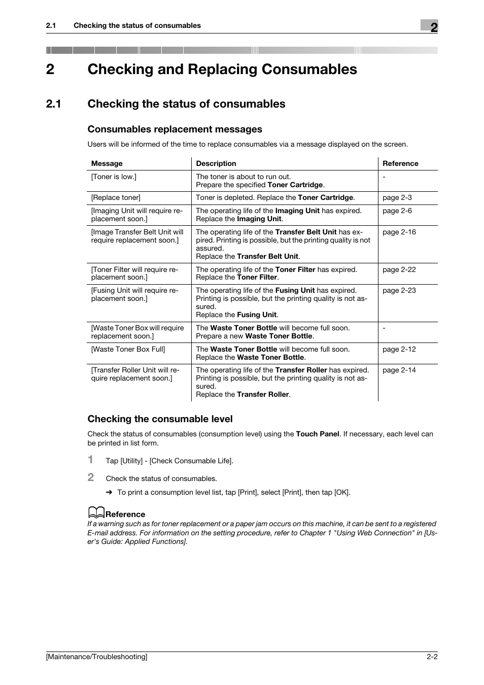 2 checking and replacing consumables, 1 checking the status of consumables, Consumables replacement messages | Checking the consumable level, Checking and replacing consumables, 2checking and replacing consumables | Konica Minolta bizhub C3850 User Manual | Page 14 / 82