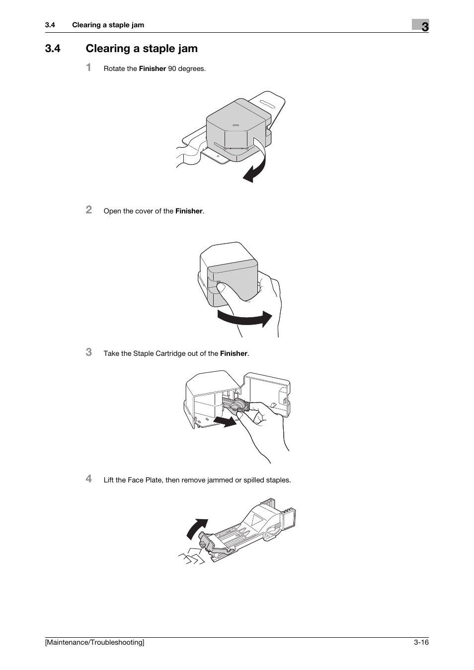 4 clearing a staple jam, Clearing a staple jam -16, 4 clearing a staple jam 1 | Konica Minolta bizhub C3850 User Manual | Page 57 / 82