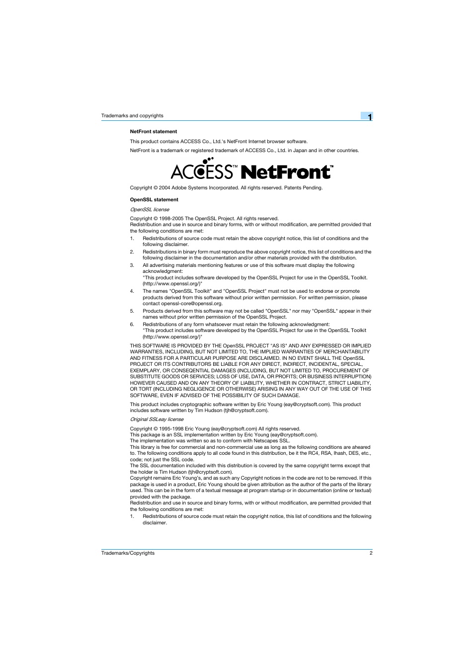Netfront statement, Openssl statement | Konica Minolta bizhub C353 User Manual | Page 3 / 14