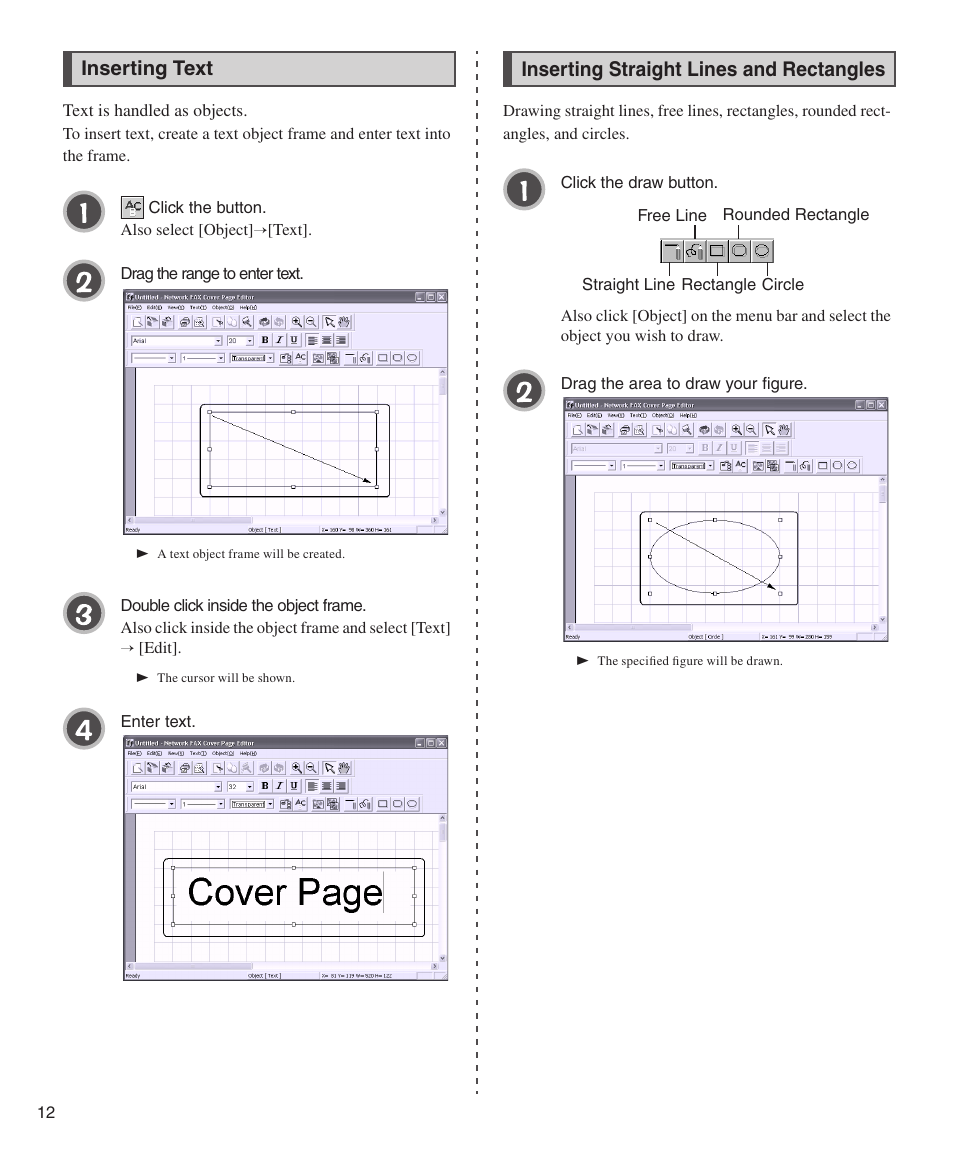Inserting text, Inserting straight lines and rectangles | Konica Minolta bizhub 200 User Manual | Page 12 / 26