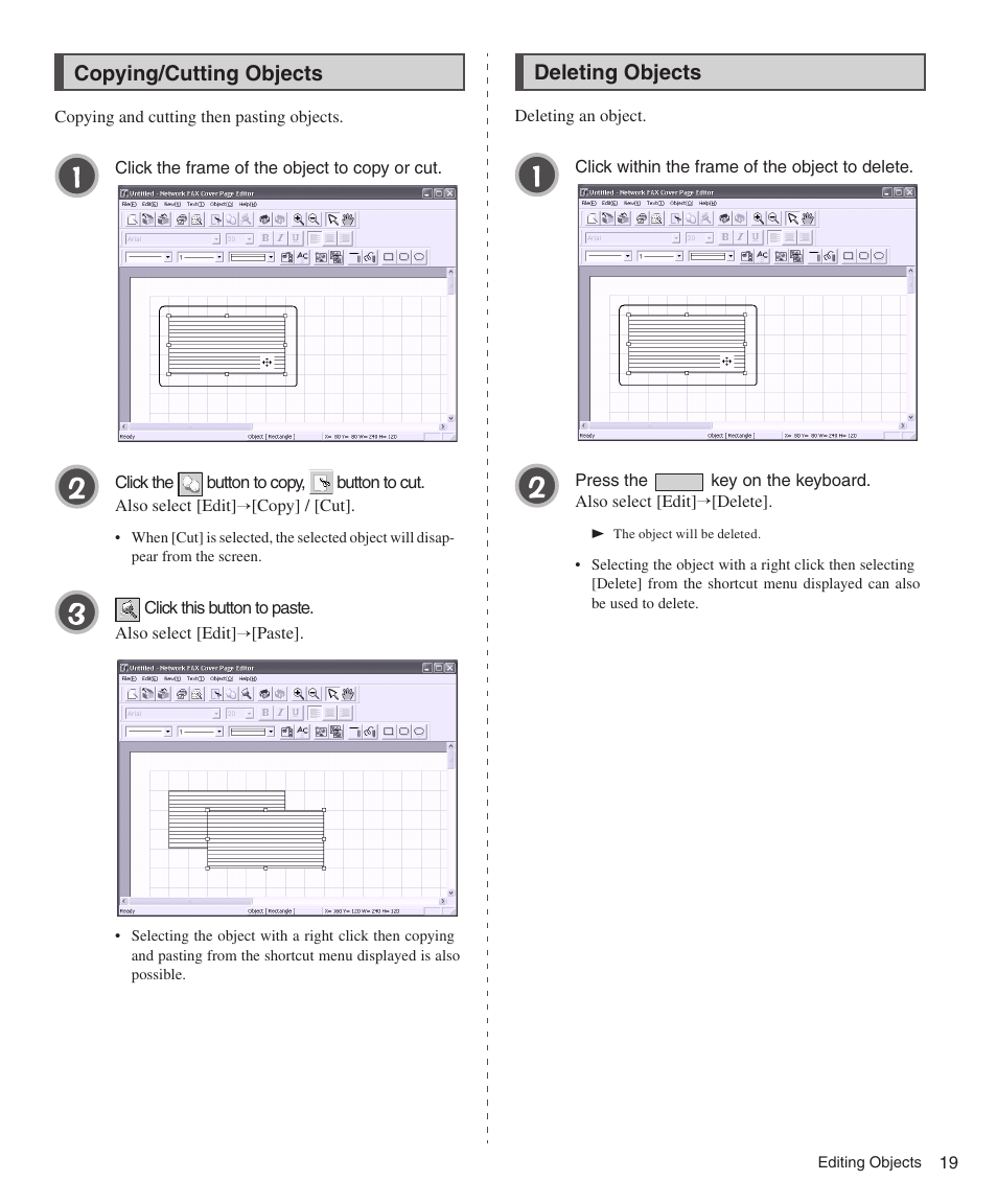 Copying/cutting objects, Deleting objects | Konica Minolta bizhub 200 User Manual | Page 19 / 26