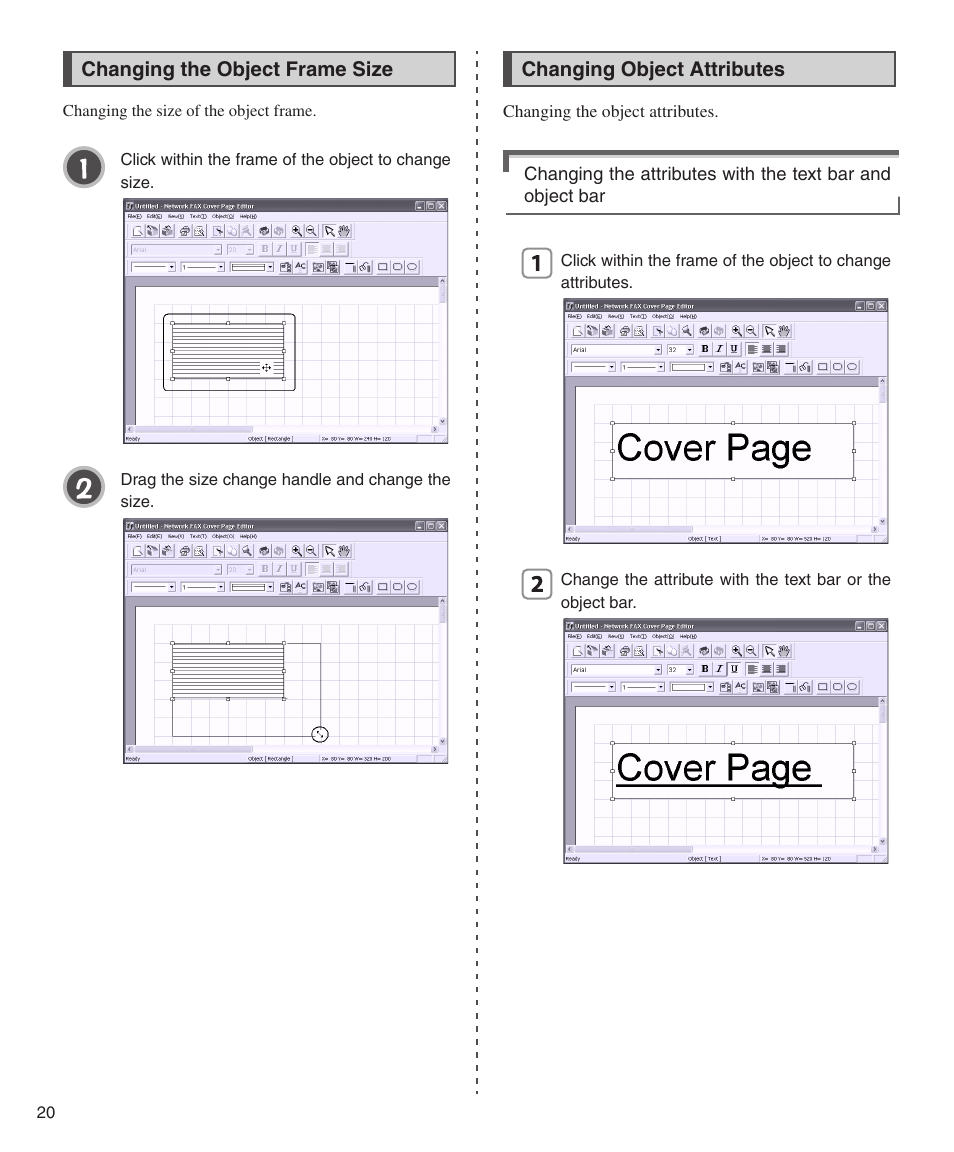 Changing the object frame size, Changing object attributes | Konica Minolta bizhub 200 User Manual | Page 20 / 26